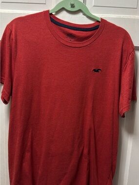 Hollister Men's Red Crewneck T-Shirt with Navy Logo